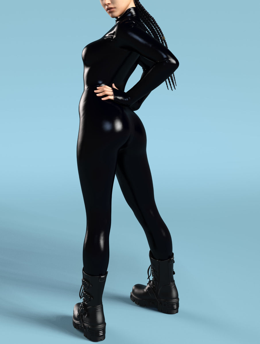 Hologram Black Wet Look Catsuit Spandex Jumpsuit Unitard Bodysuit