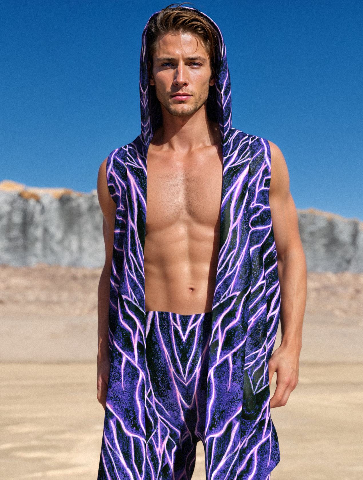 Magenta Burst Male Hooded Vest 1