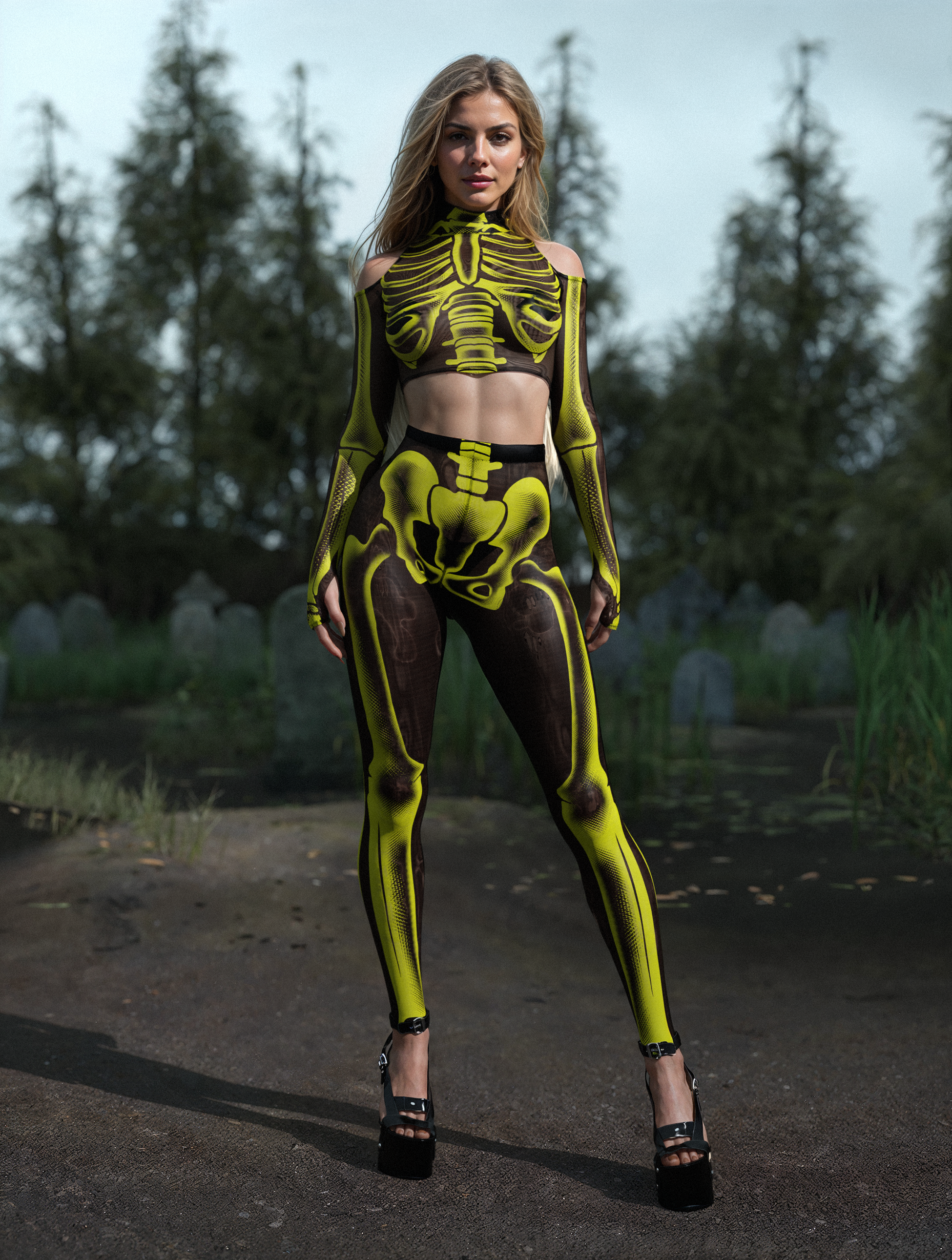 Halftone Skeleton Yellow Mesh Leggings 2