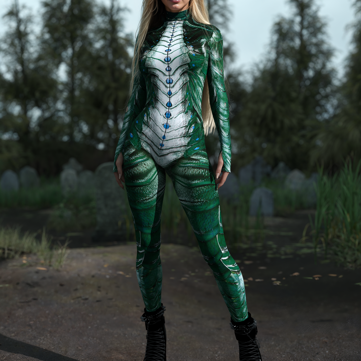 green dragon dresses clothing Green Dragon Tail Pocket Skater Dress w/ Cap Sleeves, Scoop Neck, High back neck & Black Mystique Spikes all the way down back