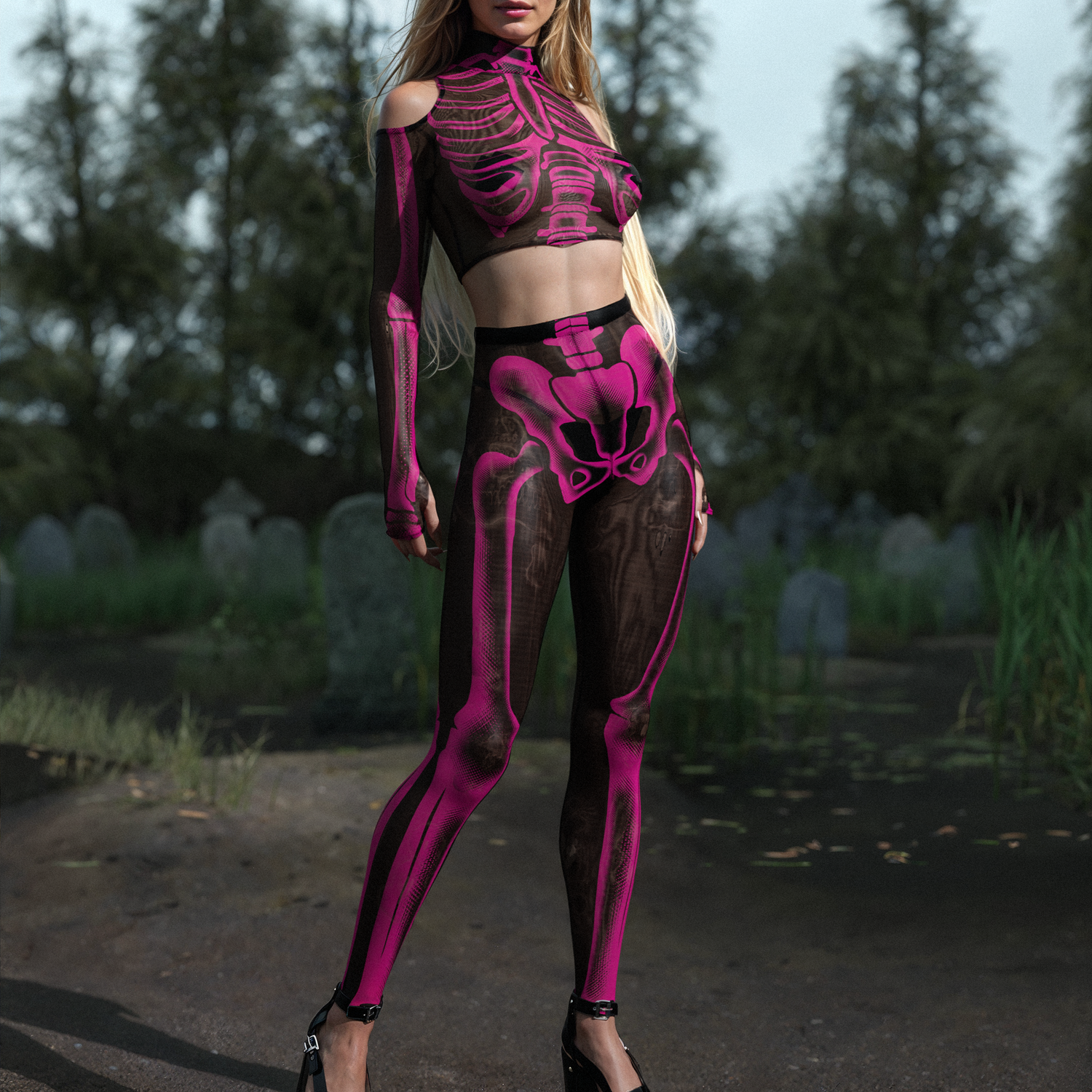 Halftone Skeleton Pink Mesh Top Black, Pink