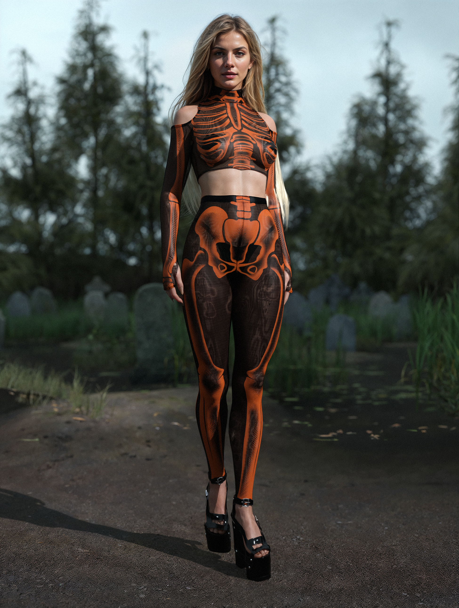 Halftone Skeleton Orange Mesh Leggings 2