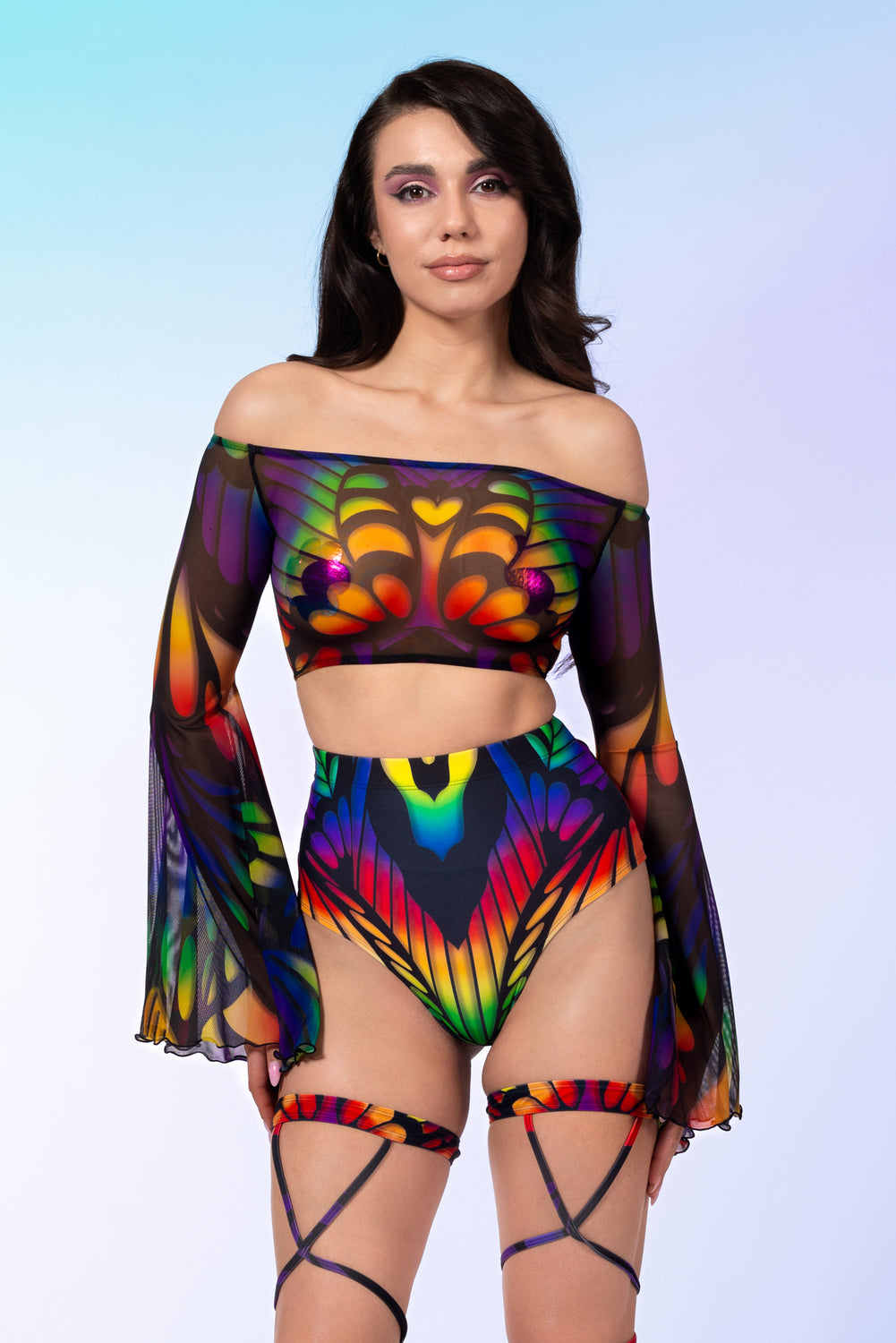 Rainbow Quiver Mesh Off Shoulder Top