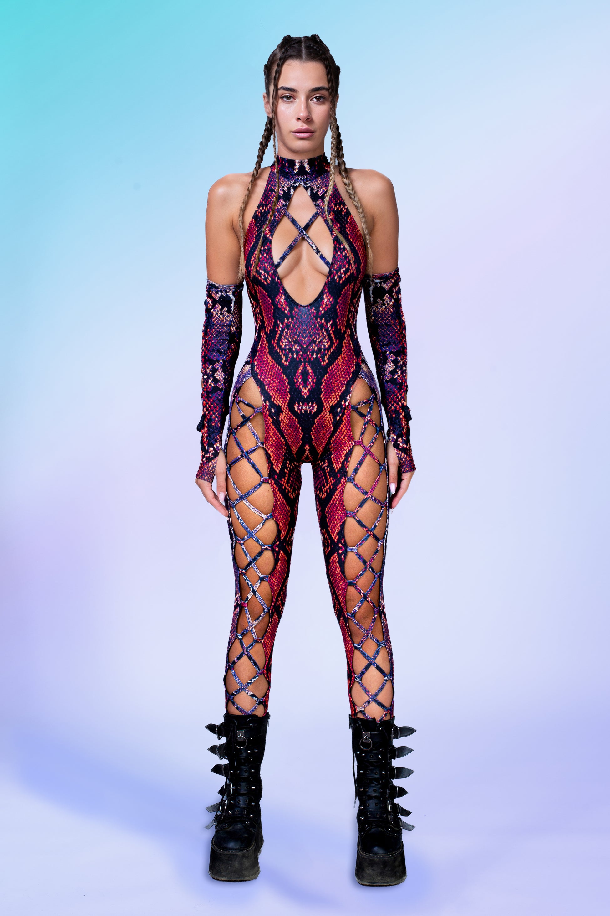Red MF Criss-Cross Jumpsuit Set 2