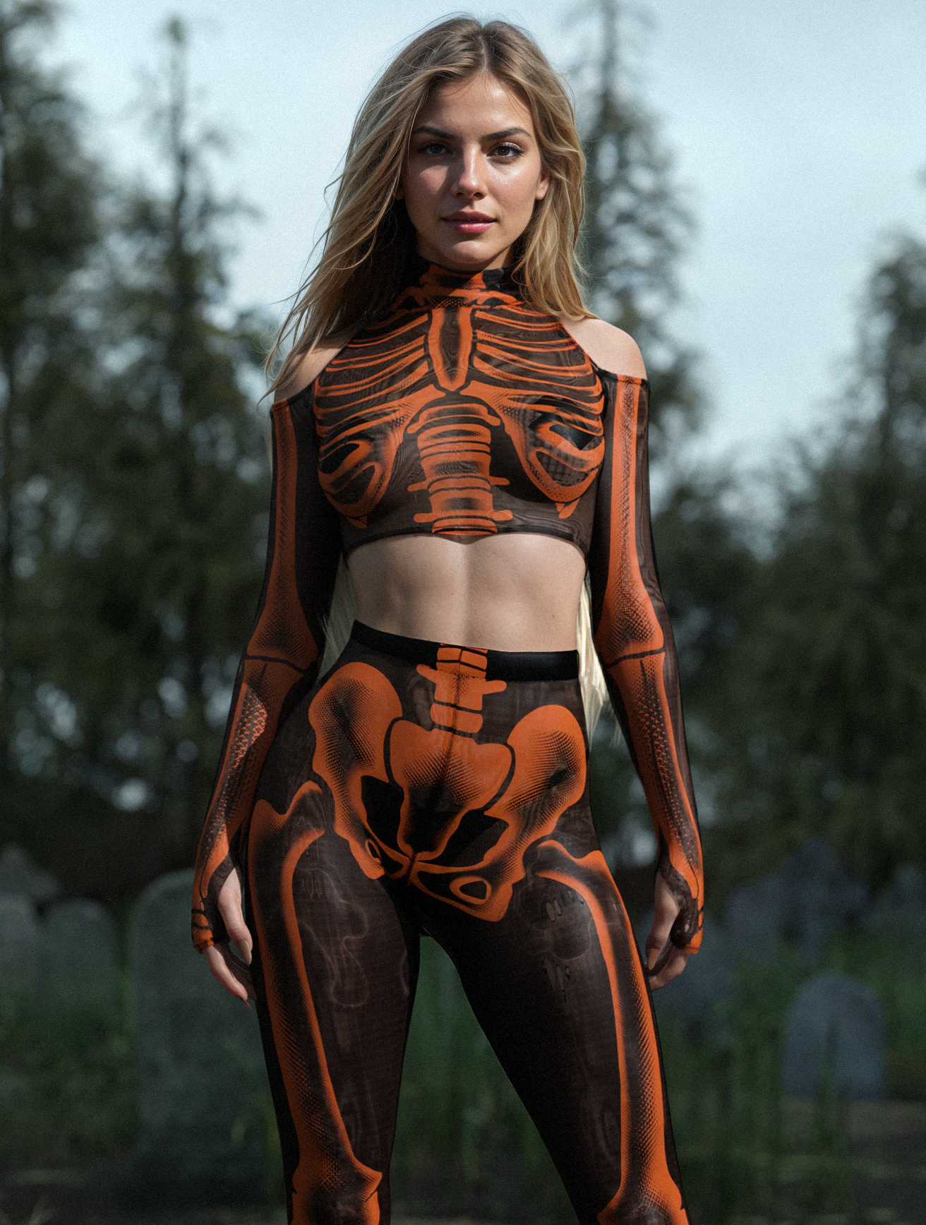 Halftone Skeleton Orange Mesh Leggings 1