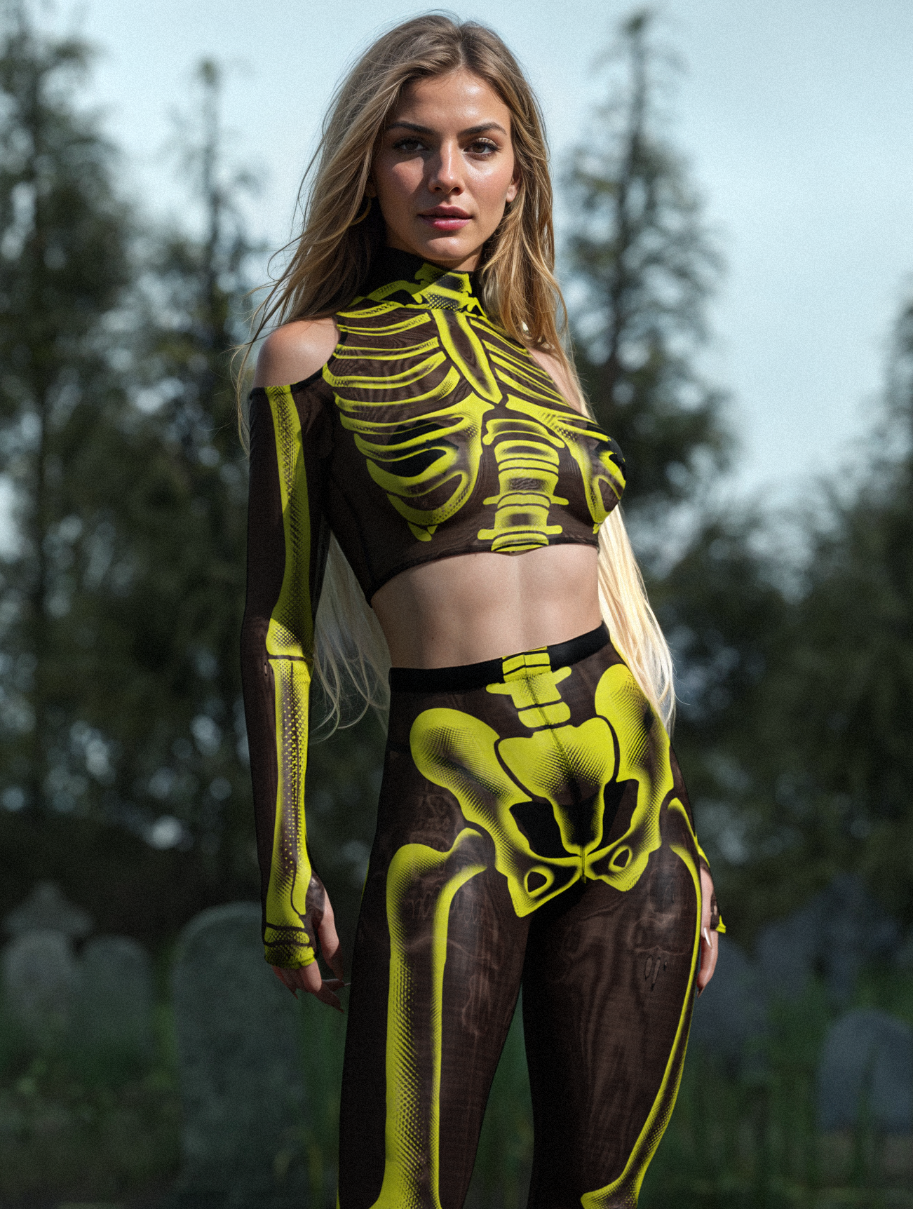 Halftone Skeleton Yellow Mesh Leggings 1