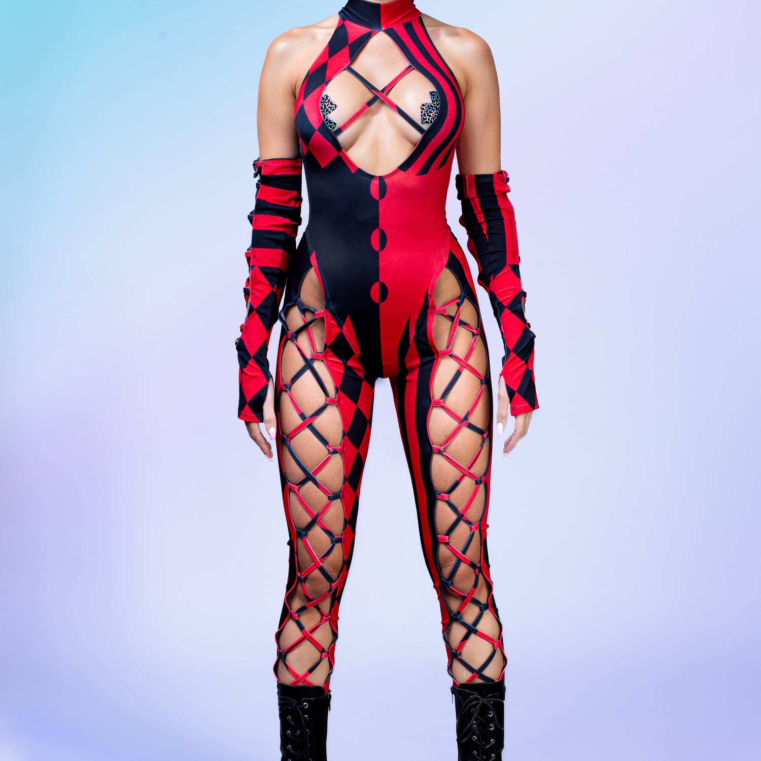 She's Crazy Red Crown Criss-Cross Jumpsuit Set Black, Red
