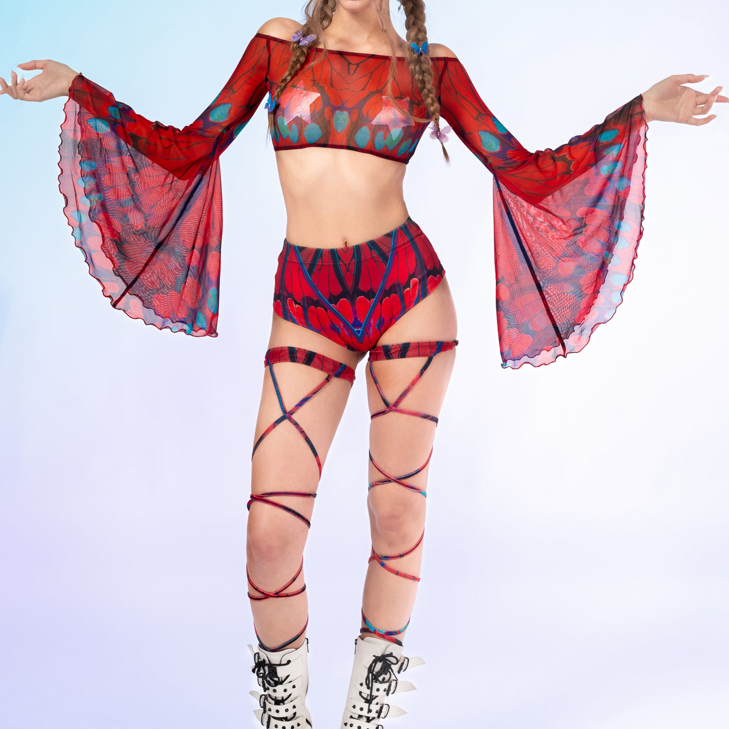 Carmine Mesh Off Shoulder Top Red