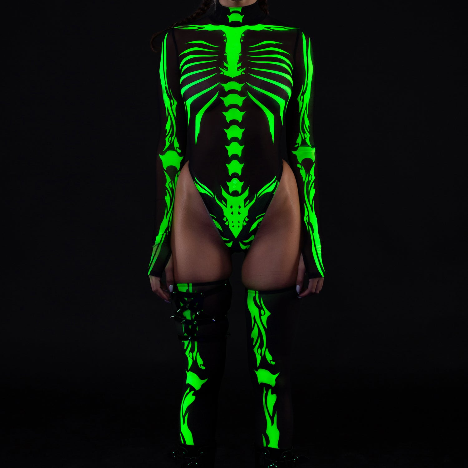 Ysax Skeleton Mesh Back Zip Leotard Black, Green