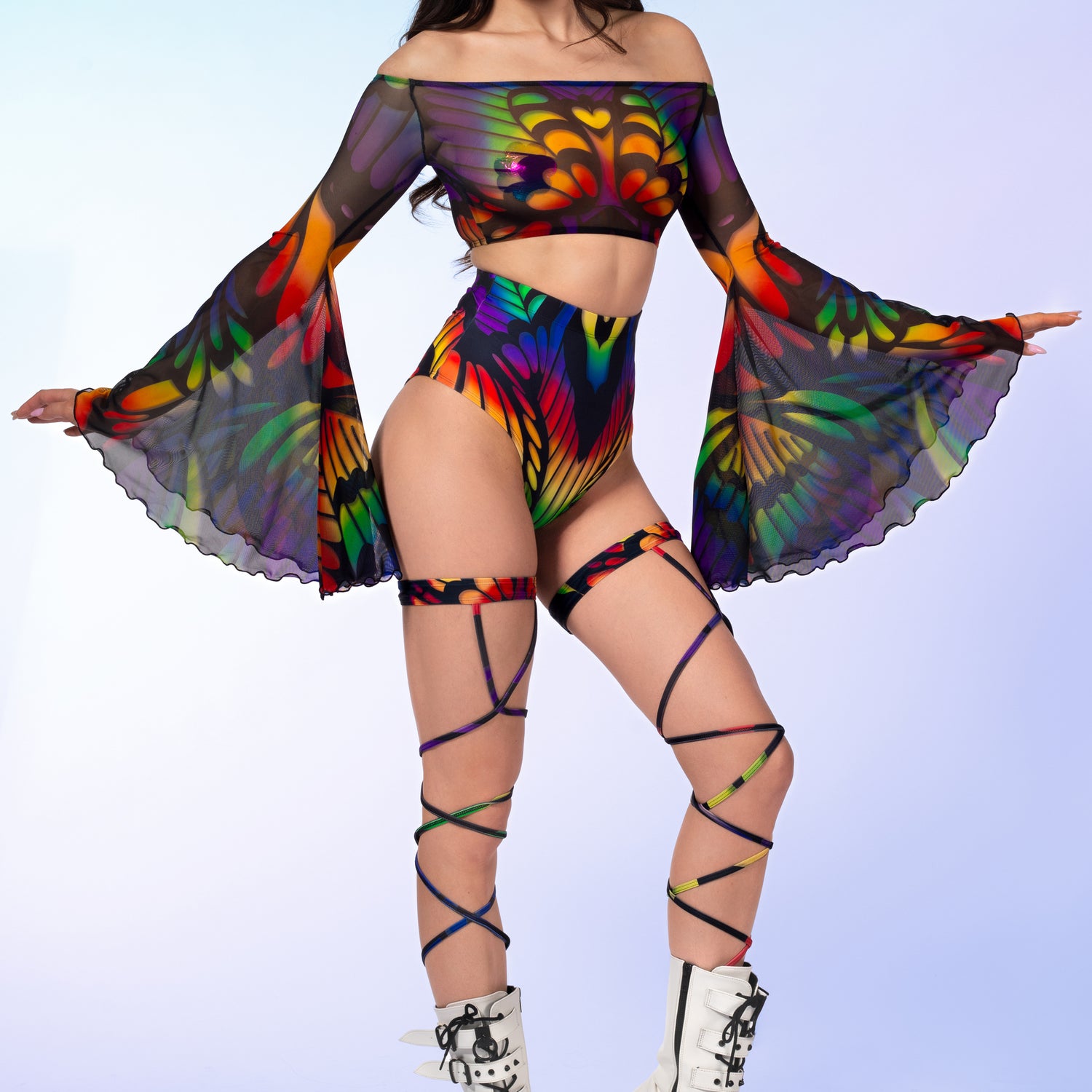 Rainbow Quiver Mesh Off Shoulder Top Rainbow