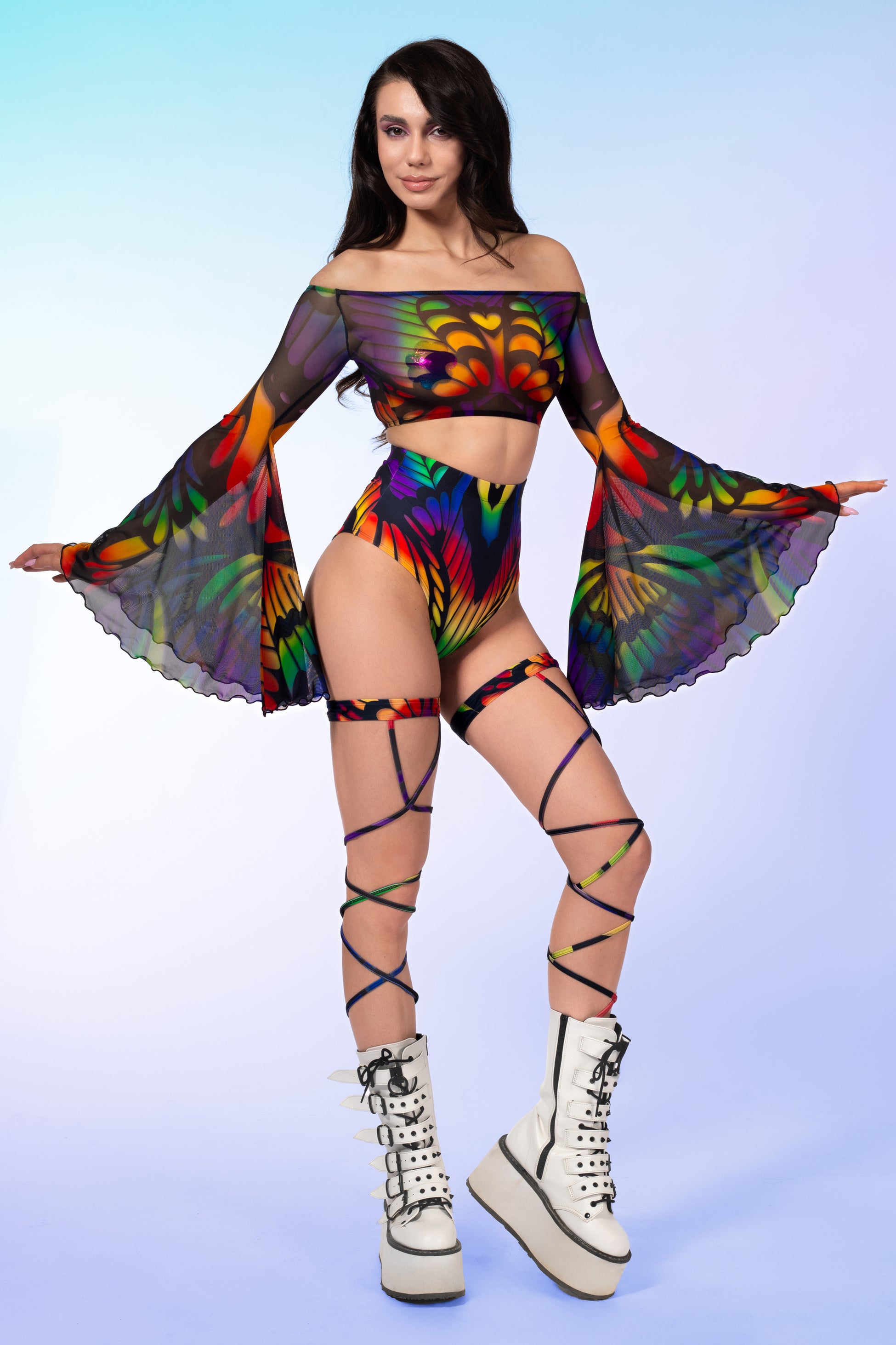 Rainbow Quiver Mesh Off Shoulder Top 2