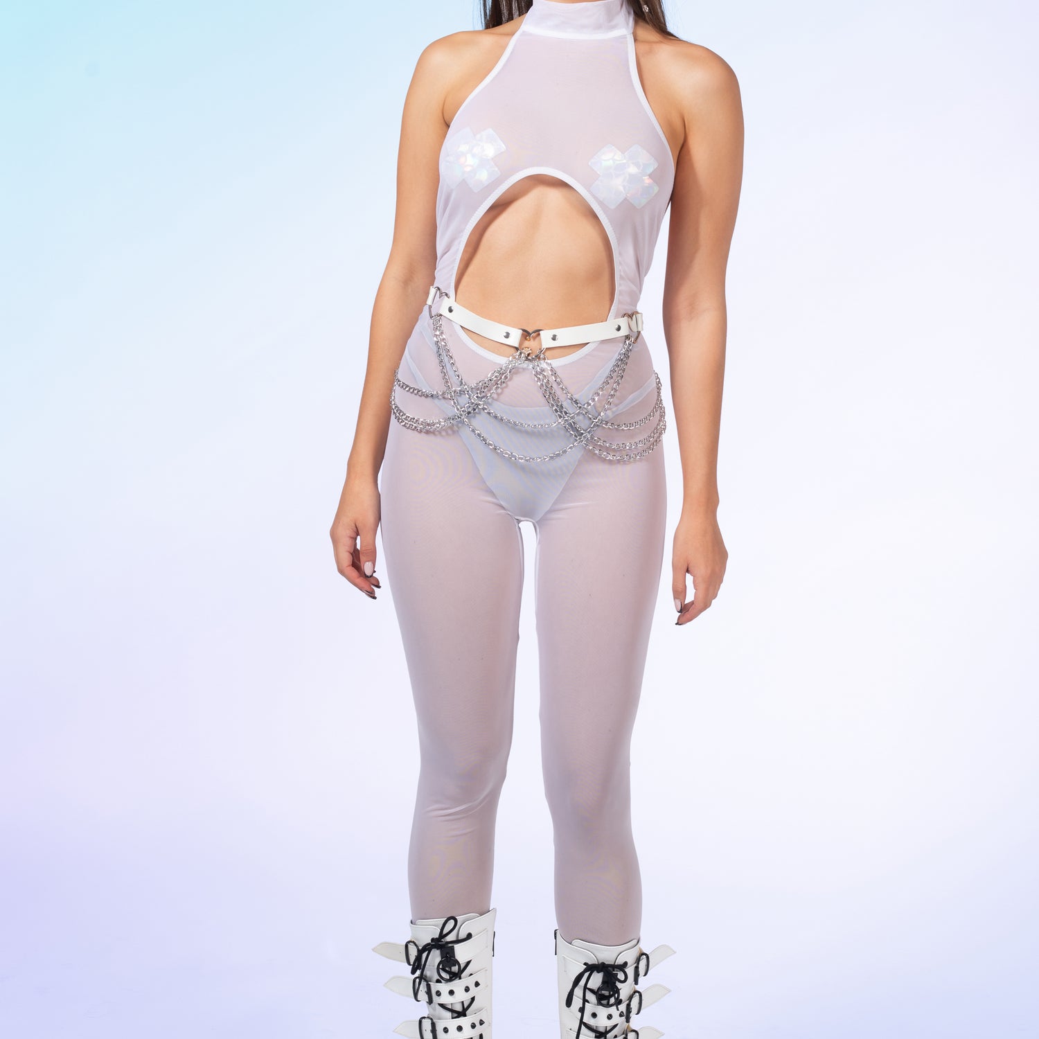 Just White Mesh Halter Jumpsuit