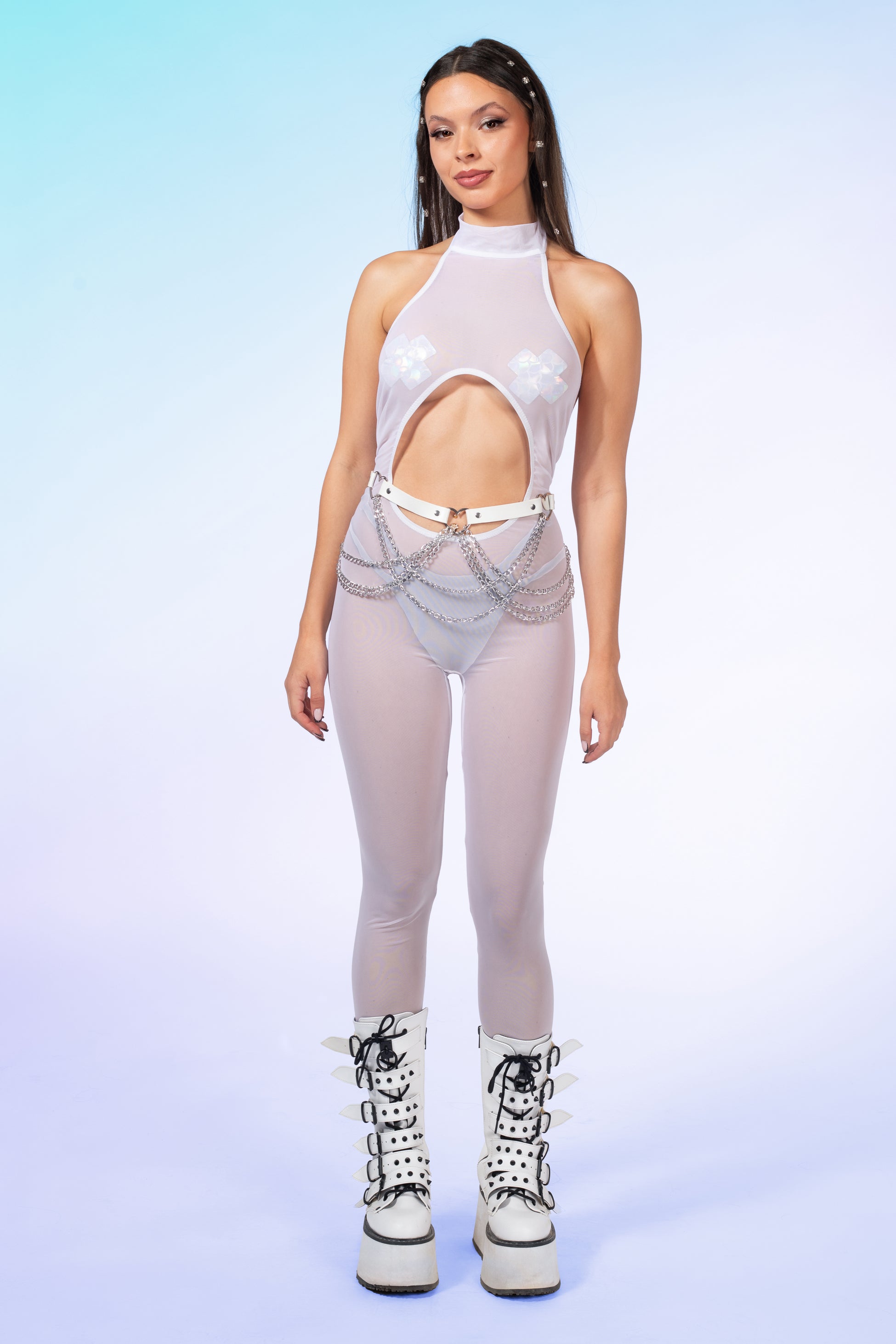 Just White Mesh Halter Jumpsuit 1