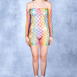 Zentharc Rainbow Fishnet Mini Dress