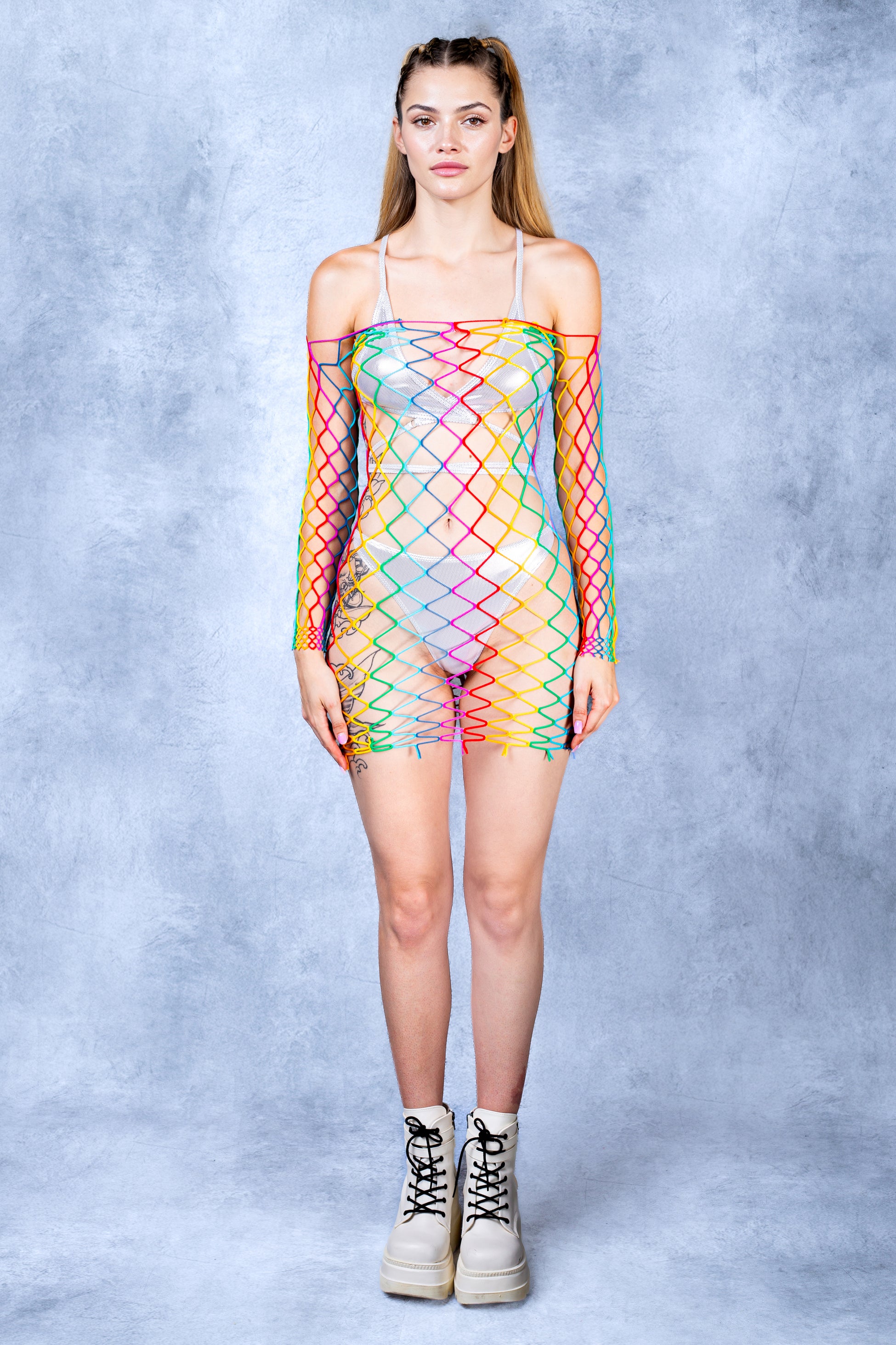 Zentharc Rainbow Fishnet Mini Dress 2