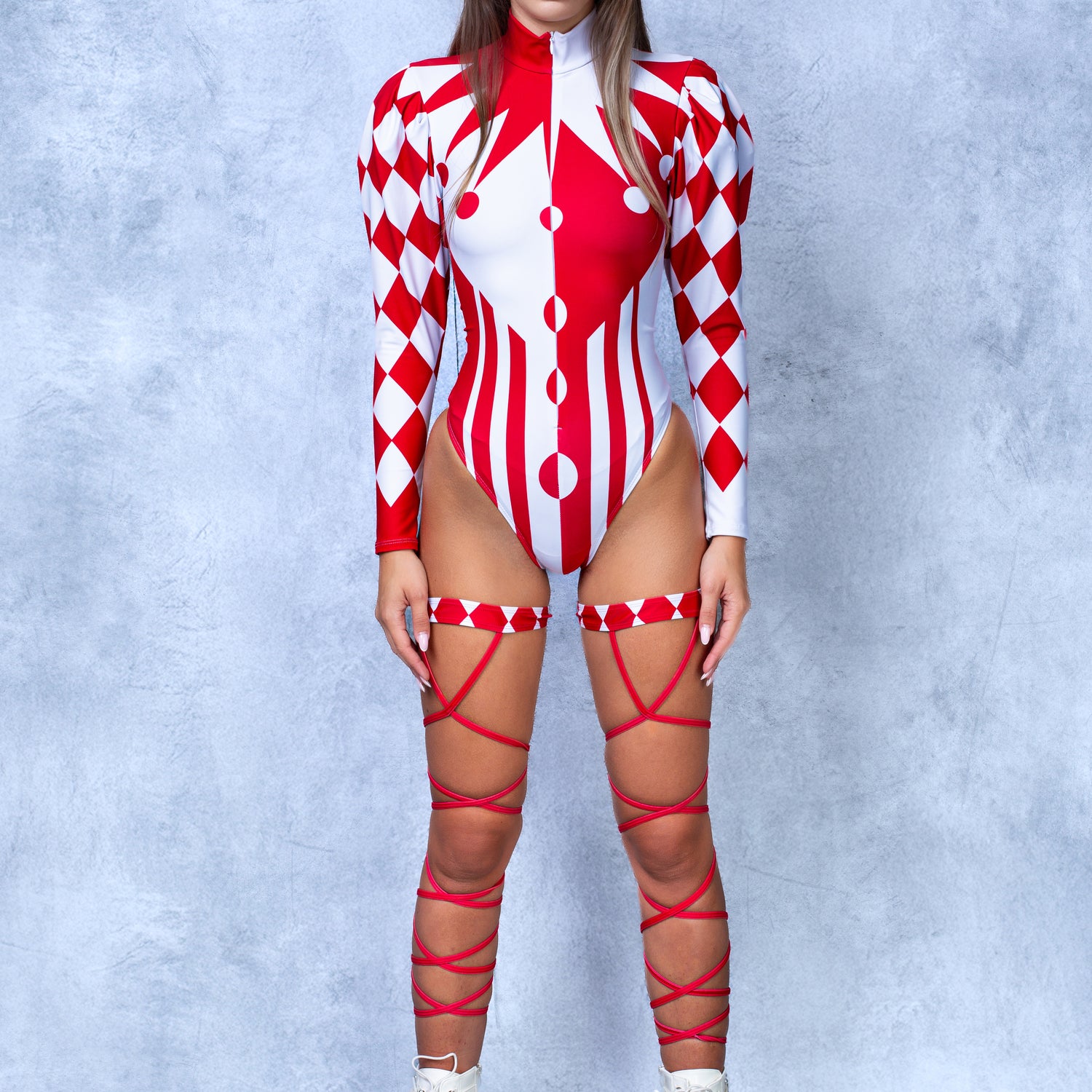 Red Clown Buffon Sleeve Bodysuit Lycra