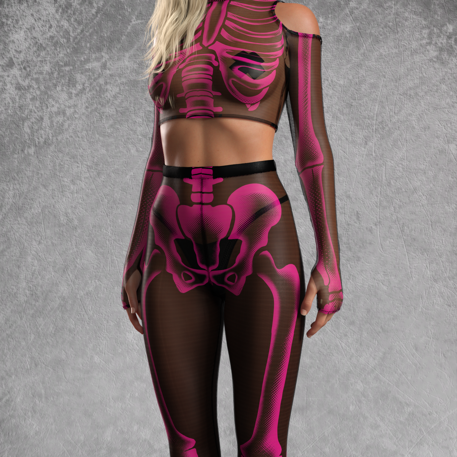 Women Halftone Skeleton Pink Mesh Top