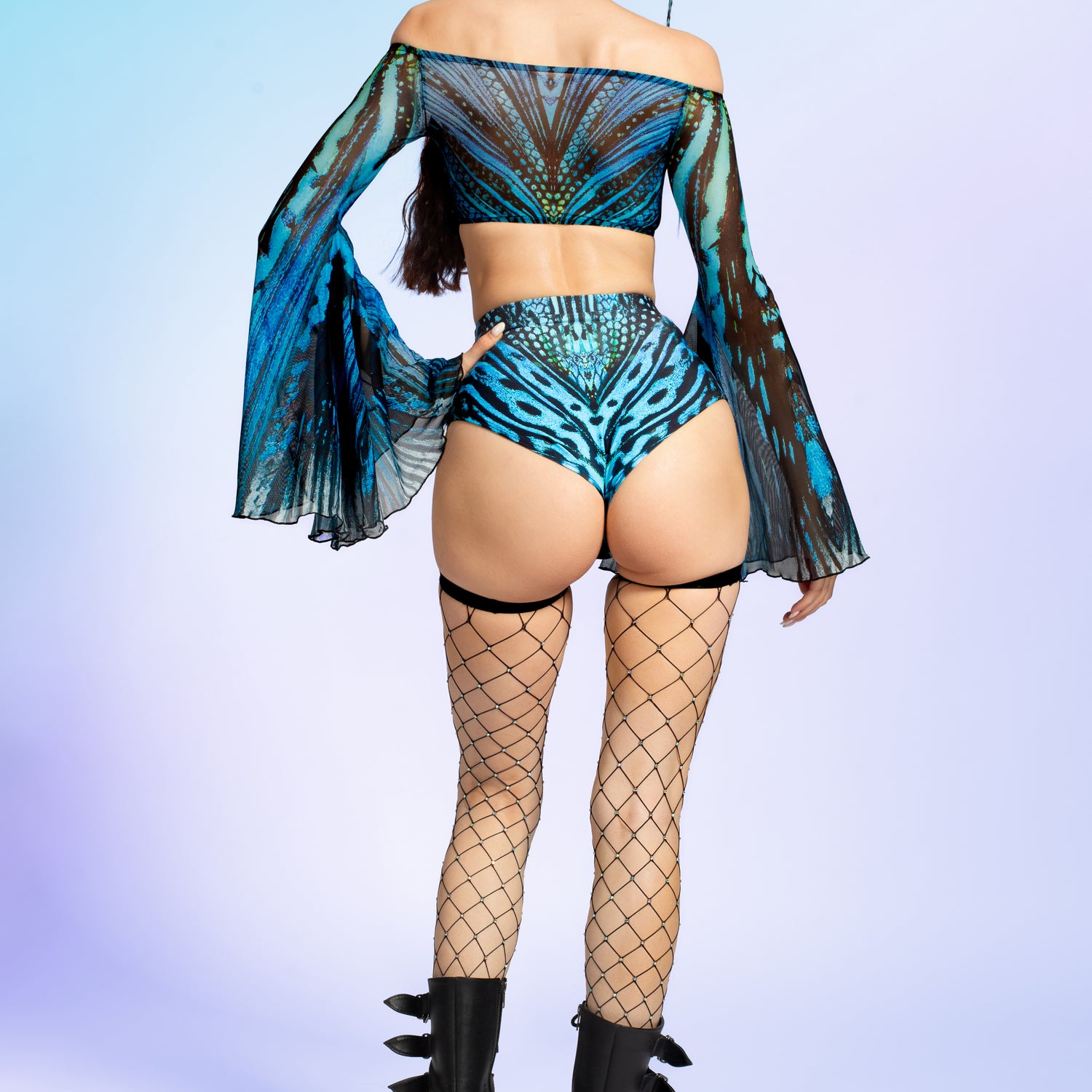 Blue Hypnotic Mesh Off Shoulder Top Mesh