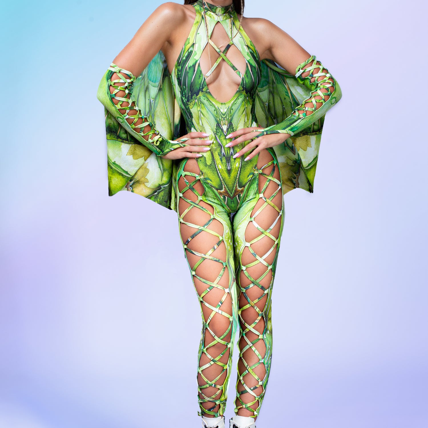 Fairy Aura Emerald Criss-Cross Jumpsuit Lycra, Mesh