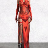 Psyverse Red Mesh Keyhole Dress Set