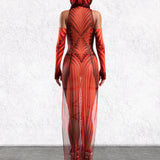 Psyverse Red Mesh Keyhole Dress Set