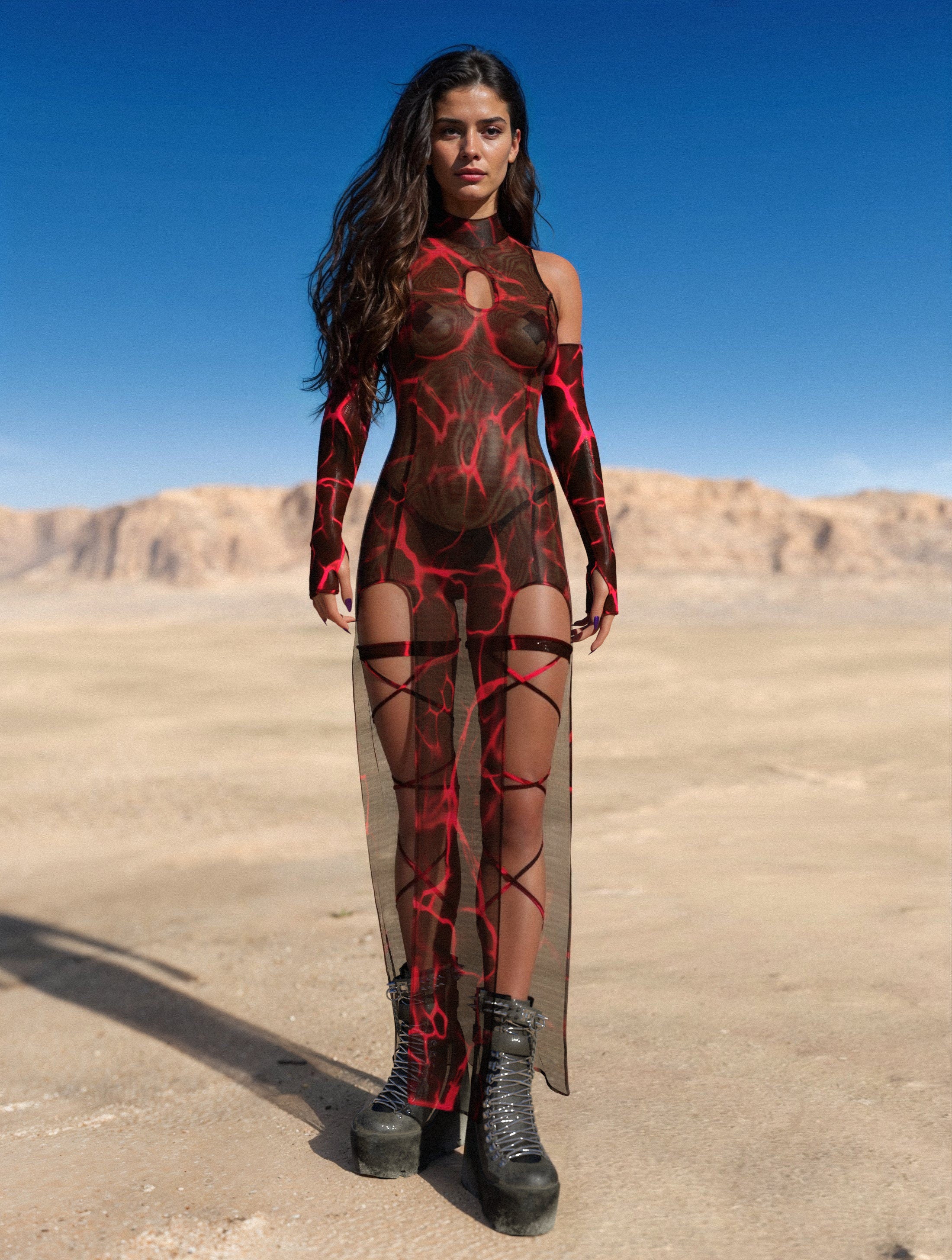 Dust Devil Mesh Keyhole Dress Set Red