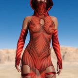 Psyverse Red Mesh Keyhole Dress Set