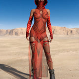 Psyverse Red Mesh Keyhole Dress Set