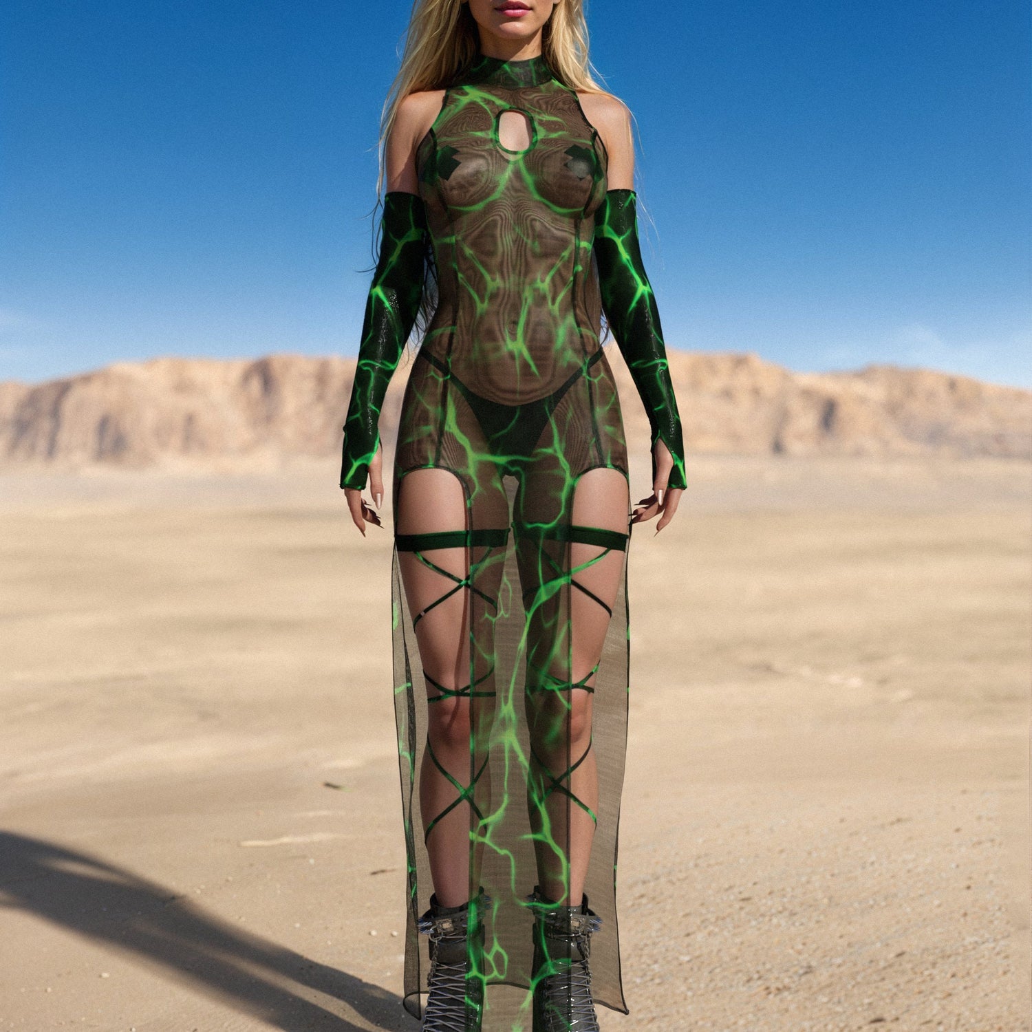 Dust Spectre Mesh Keyhole Dress Set Green