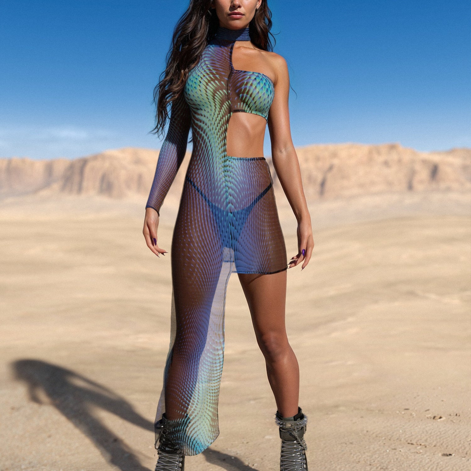 X Ice Mesh Asymmetrical Dress Black, Blue
