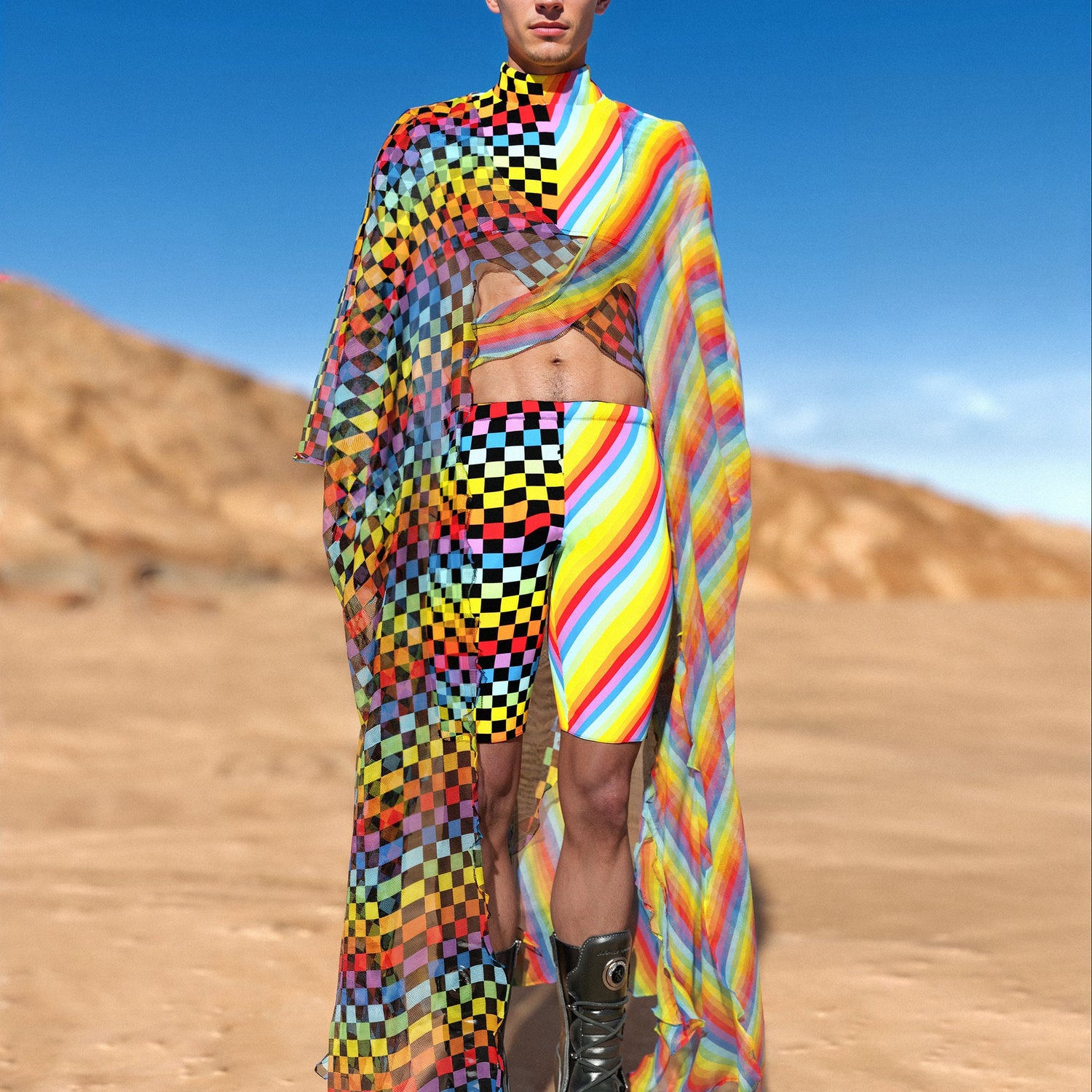Checkered Past Male Crop Top Rainbow