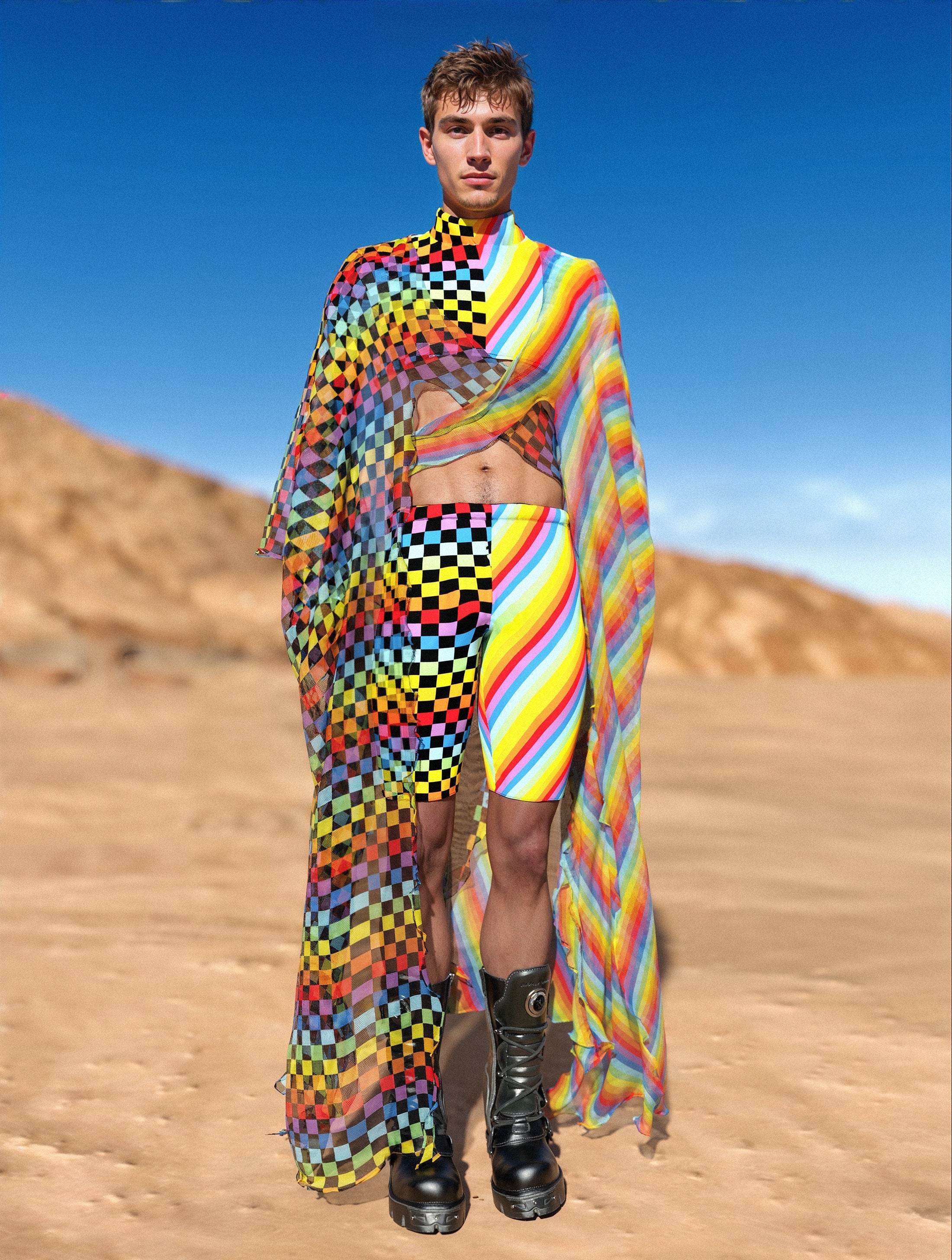 Checkered Past Male Crop Top Rainbow