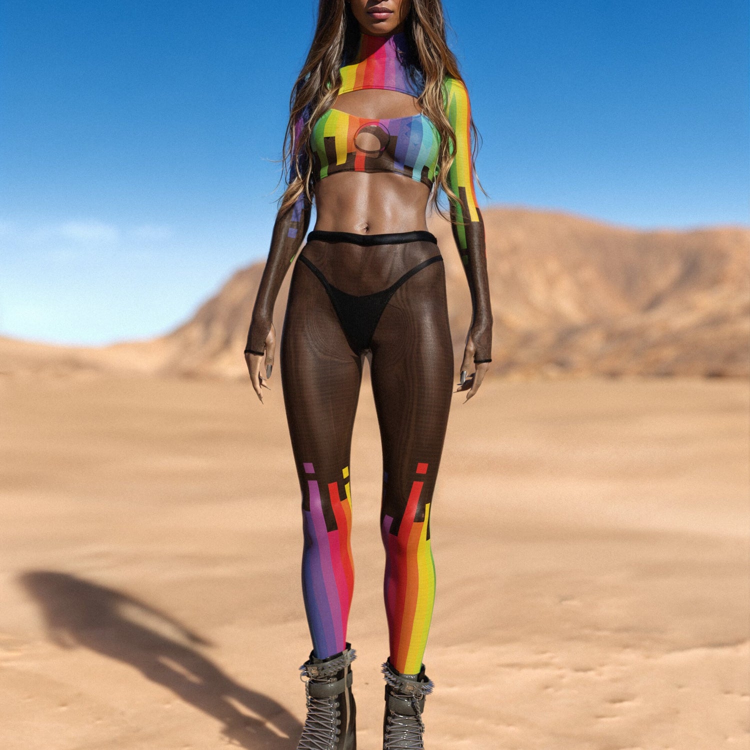 Rainscapes Mesh Cutout Shrug Top Rainbow