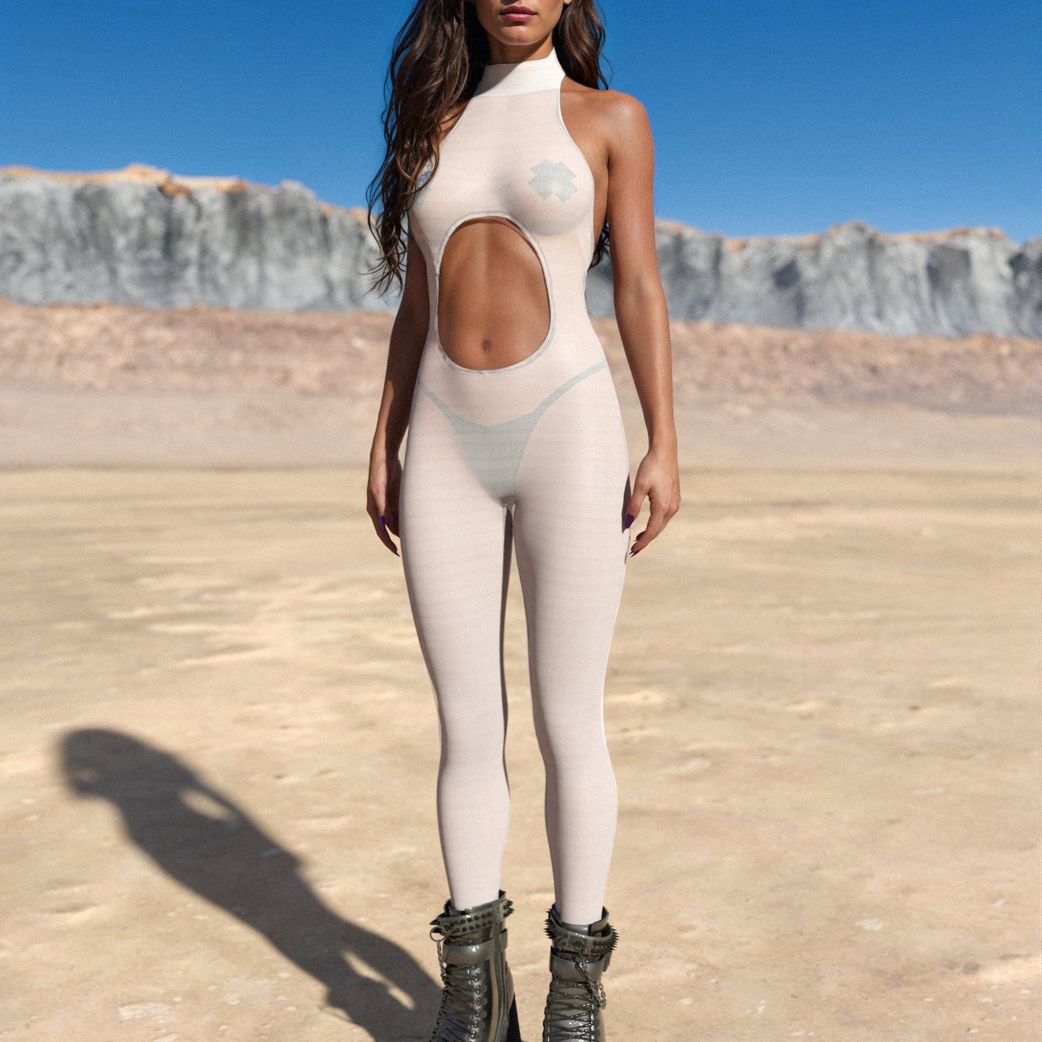Just White Mesh Halter Jumpsuit White