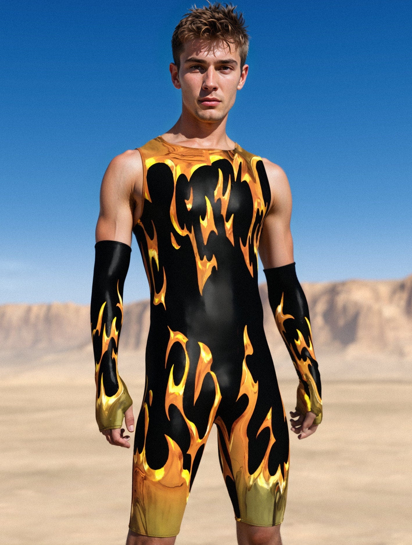 Golden Flame Male Back Zip Romper 1