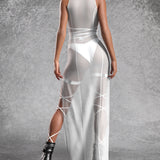 Just White Mesh Keyhole Dress