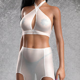 Just White Mesh Halter Top