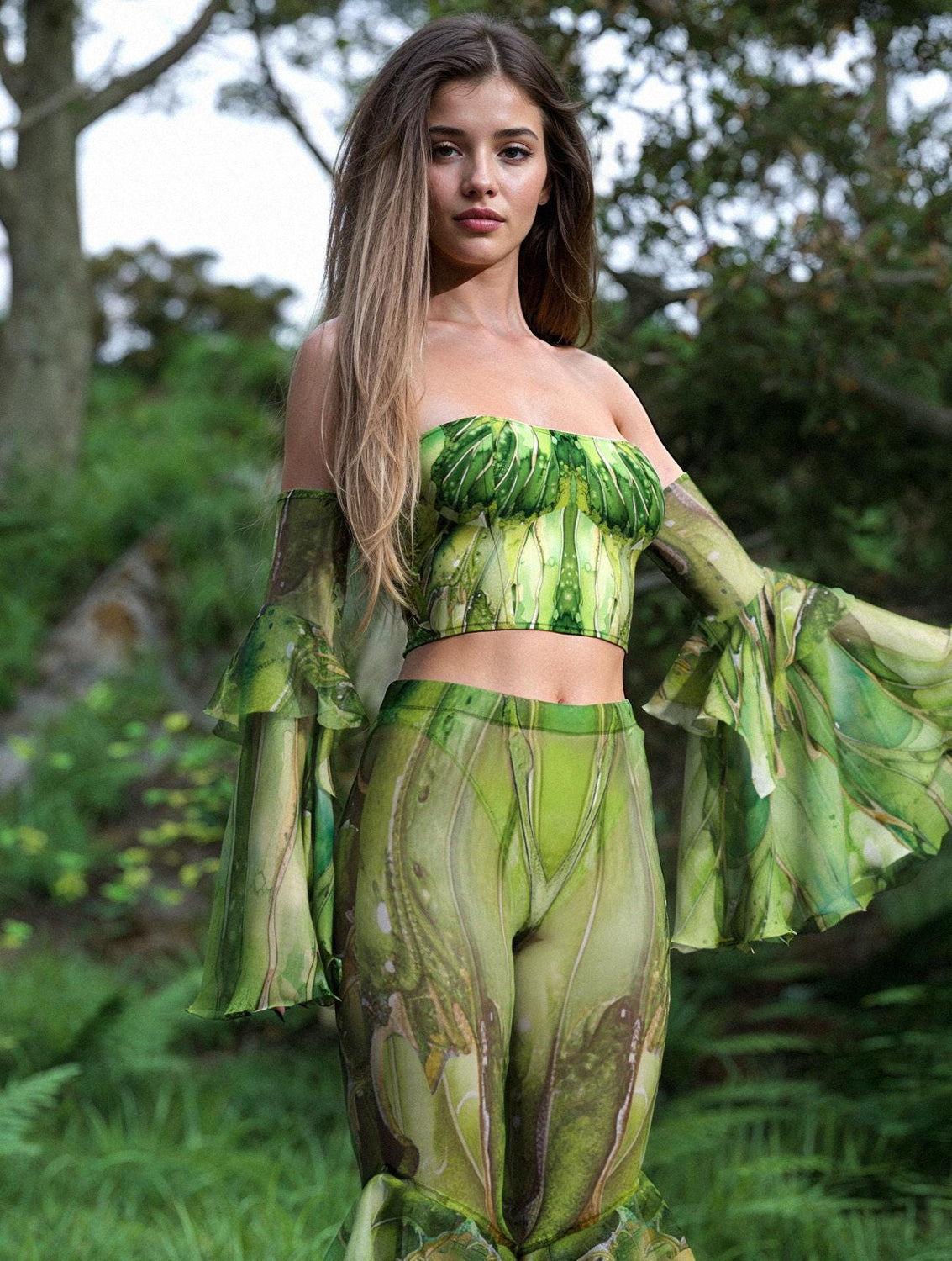 Aura Emerald Mesh Ruffled Sleeves