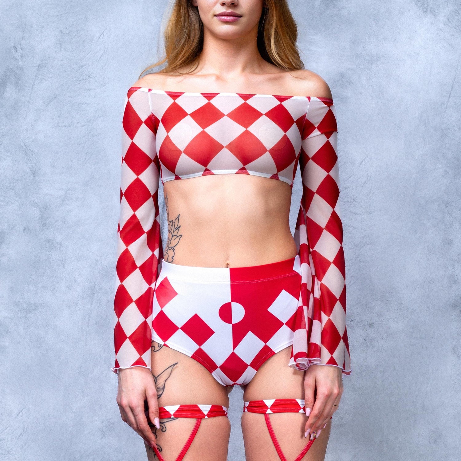 Red Clown Mesh Off Shoulder Top