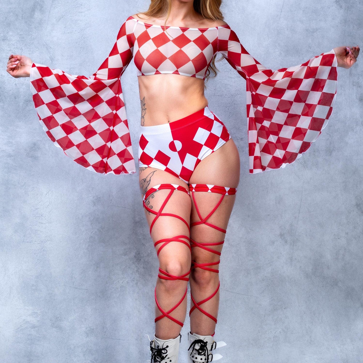 Red Clown Mesh Off Shoulder Top Red, White