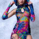Technicolor Melt Mesh Keyhole Dress