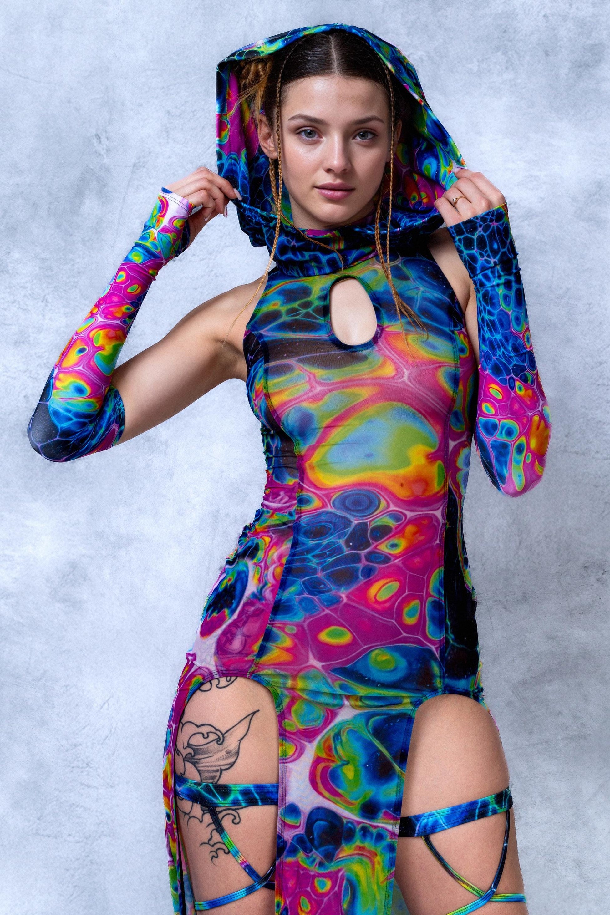 Technicolor Melt Mesh Keyhole Dress 1