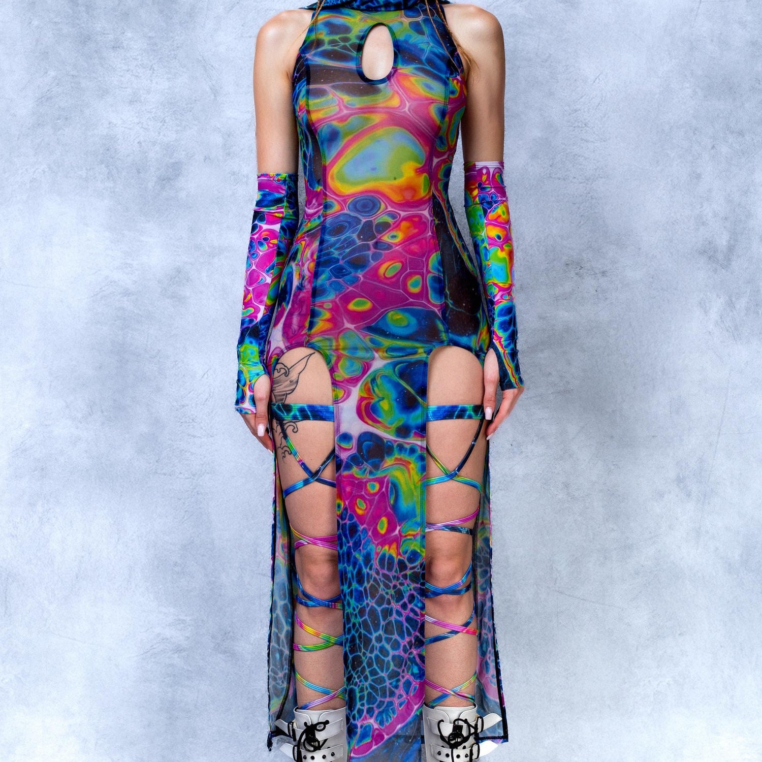 Technicolor Melt Mesh Keyhole Dress Festival