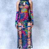 Technicolor Melt Mesh Keyhole Dress