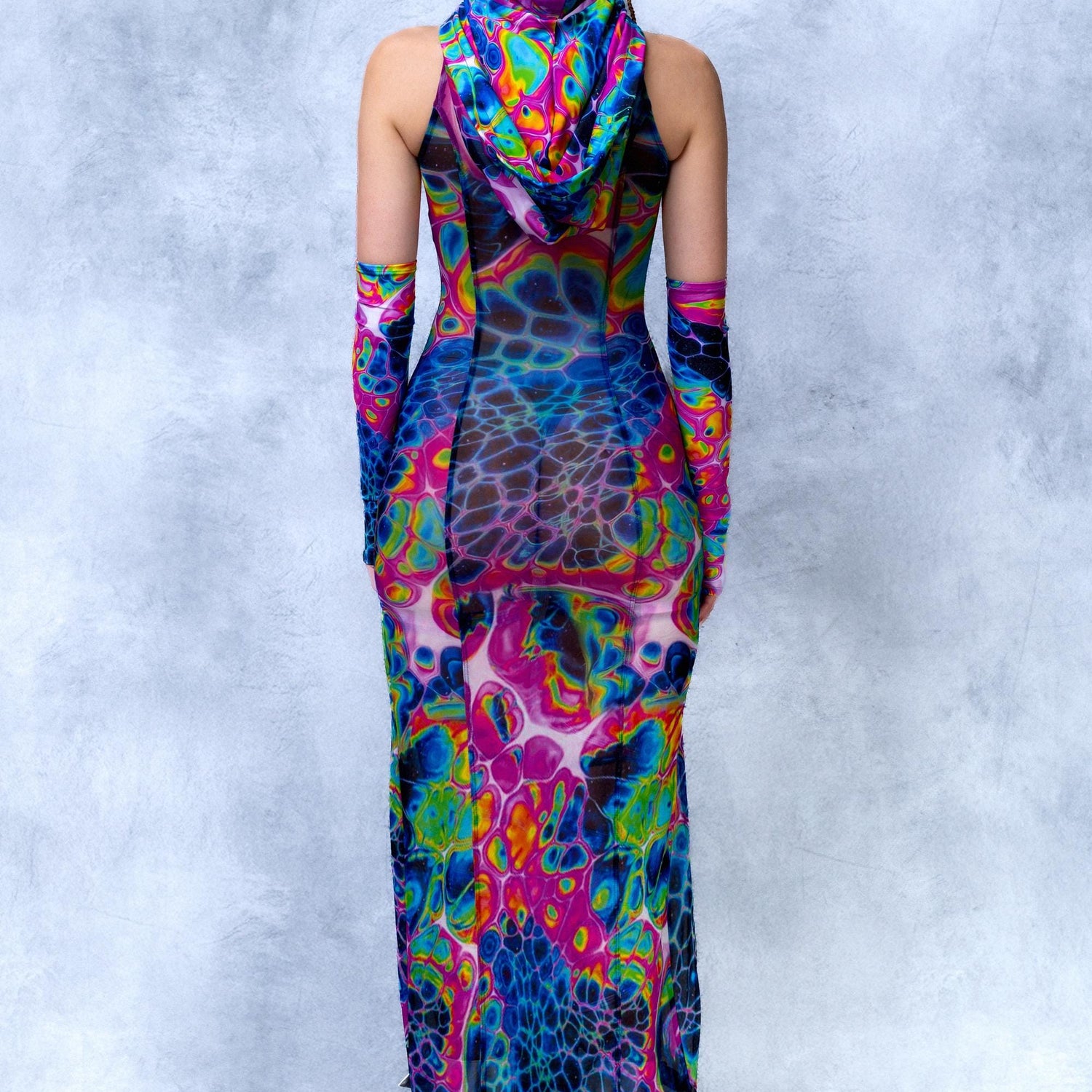 Technicolor Melt Mesh Keyhole Dress Lycra, Mesh