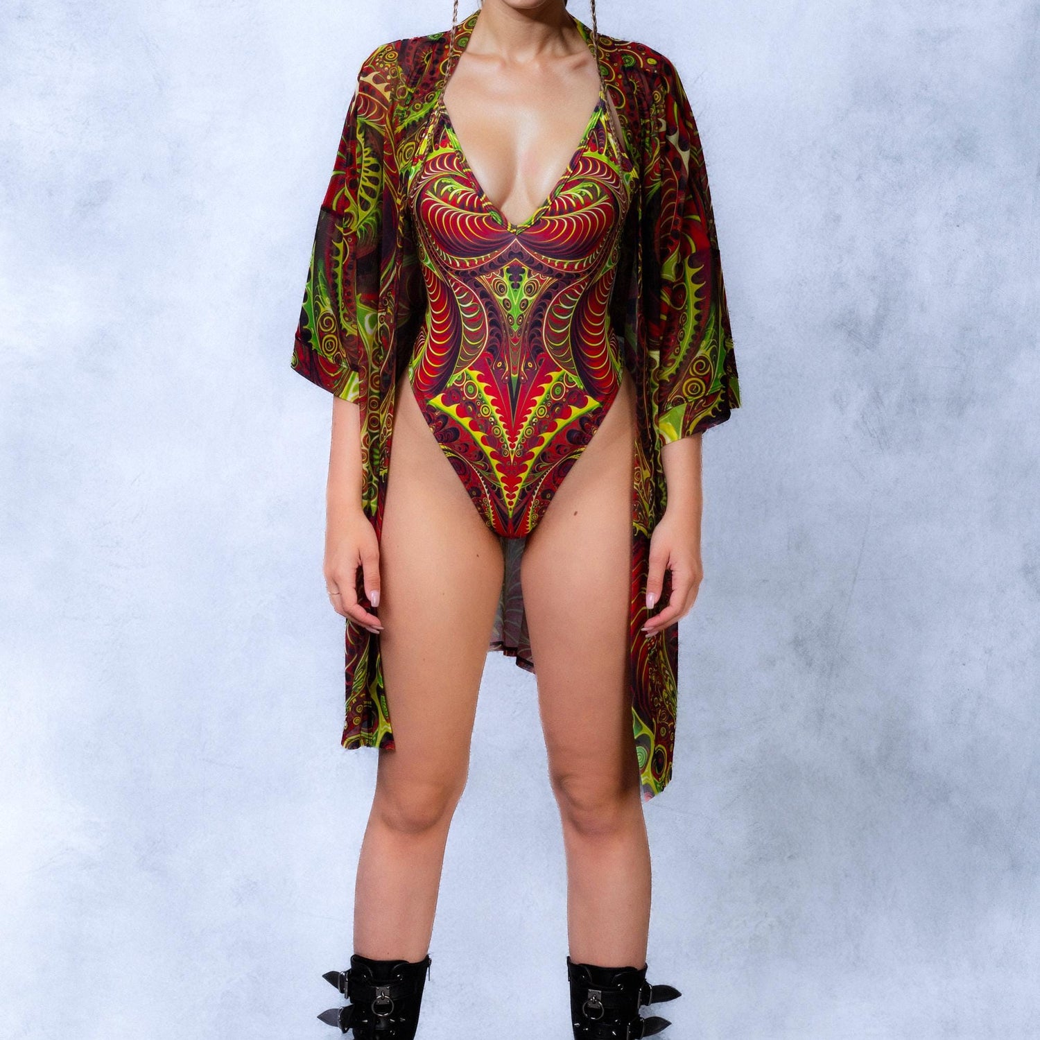 Optic Nerve V-neck Bodysuit Red, Yellow