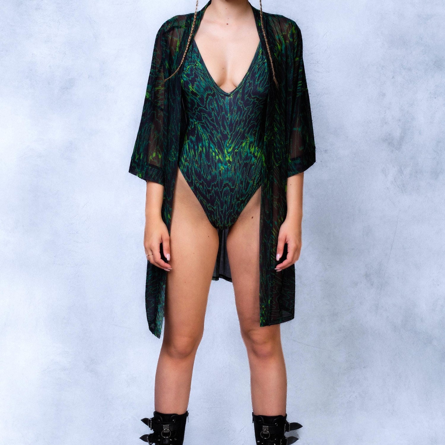 Green Empusa V-neck Bodysuit Lycra, Mesh