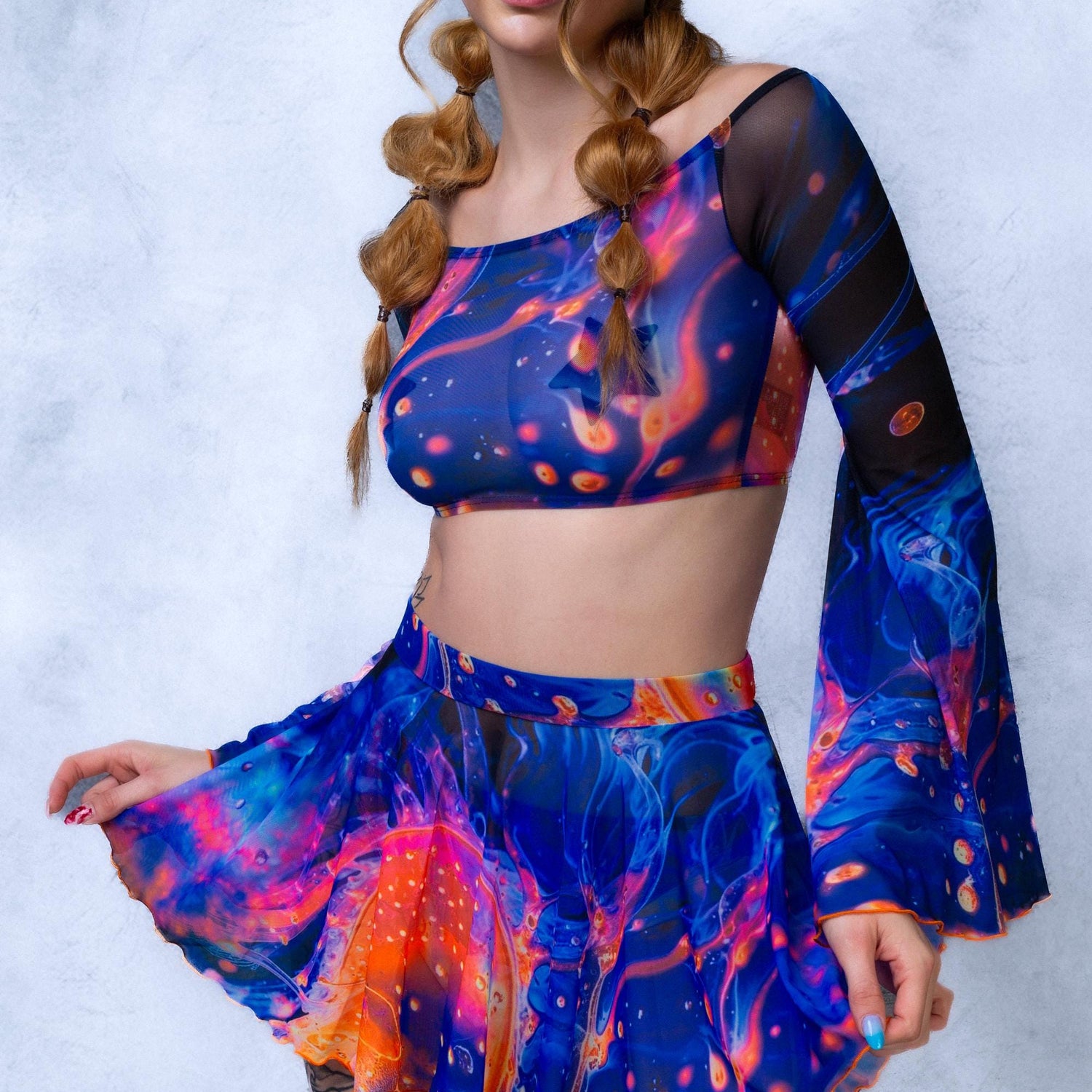 Women Aquatic Dance Mesh Off Shoulder Top