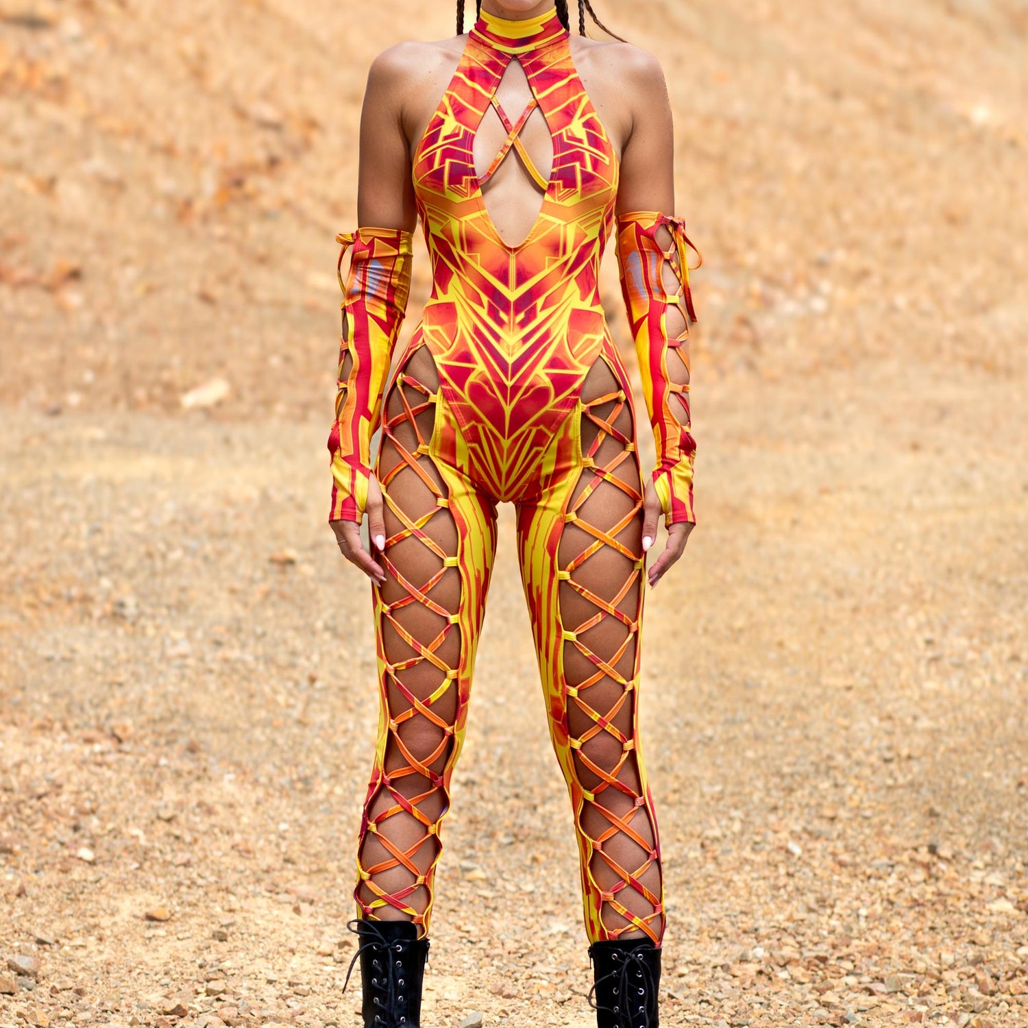 Fury Node Flame Criss-Cross Jumpsuit Set Orange, Yellow