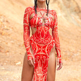 Dreamless Crimson High Slit Dress Set